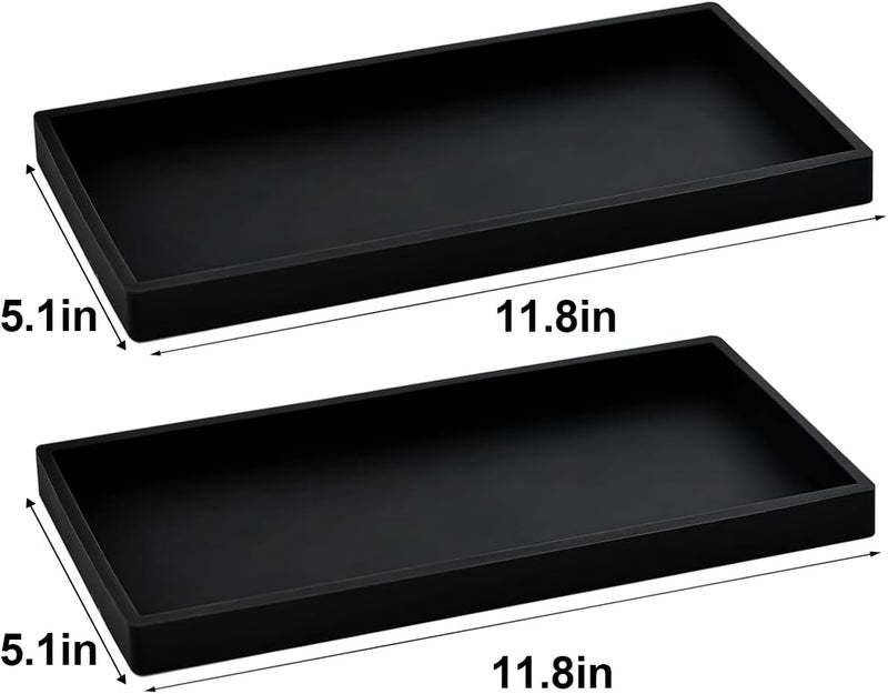 BasedFloor 2PCS 11.8” L x 5” W Silicone Soap Dispenser Tray, Bathroom Sink Vanity Trays for Dresser Tops, Toilet, Small Black Tray for Scrubber, Lotion Bottles, Perfume, Jewelry, Candle, Key Trinket Ring-Black - Image 2